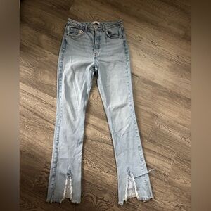 Zara Light Blue High Waisted Flare Jeans Front Slit Distressed Hem Size 6